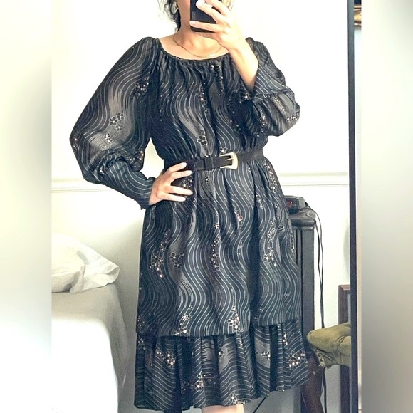 Vintage Union Made Long Sleeve Floral Dress Semi Sheer Ruffled Hem Black Red M/L - Picture 17 of 17
